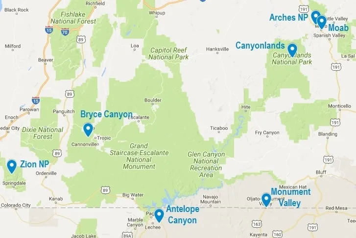 Carte du Arches National Park et des autres parcs de l'Utah et du nord de l'Arizona