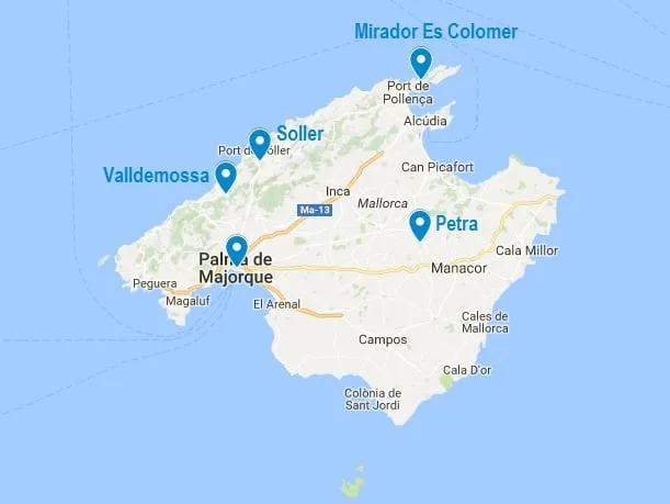 Carte de mes points d'intérêts à Majorque en dehors de la plage