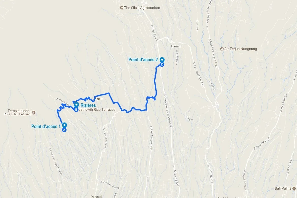 Carte des rizières de Jatiluwih et la route qui les traverse