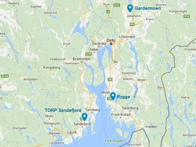 La carte des 3 aéroports d'Oslo