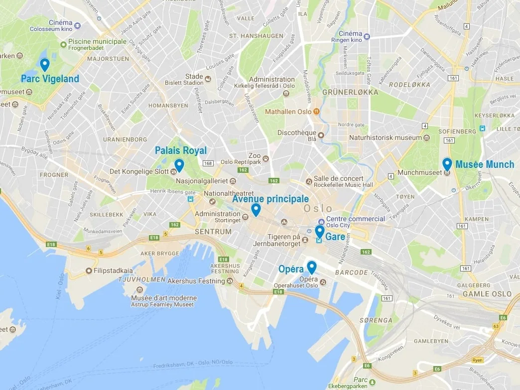 Carte des lieux d'intérêt à Oslo