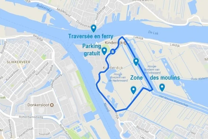 Carte de Kinderdijk et de la boucle que l'on peut réaliser à pied