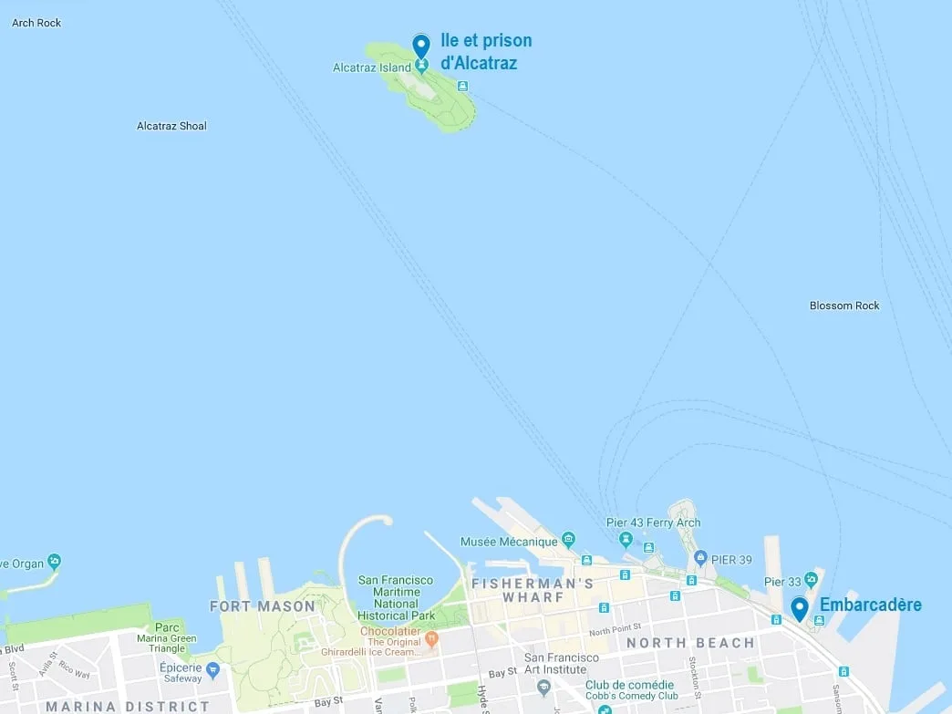 Carte de l'ile d'Alcatraz et de l'embarcadère à San Francisco