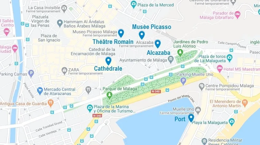 Carte de points d'intérêt pour visiter Malaga