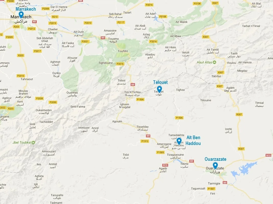 Carte de localisation du ksar d'Aït Ben Haddou au Maroc