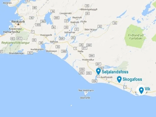 Carte des cascades de Skogafoss et Seljalandsfoss