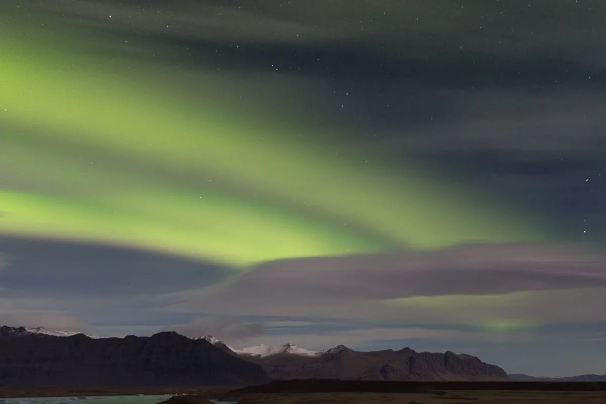 Aurore boréale à Jokulsarlon en Islande