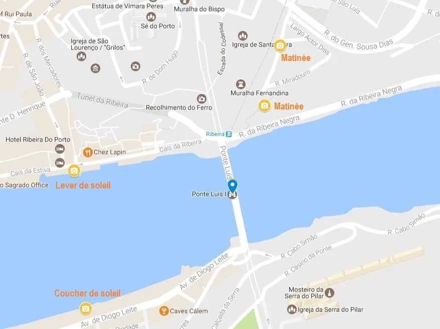 La carte des emplacements de mes 3 spots photo favori du Ponte Luis I de Porto