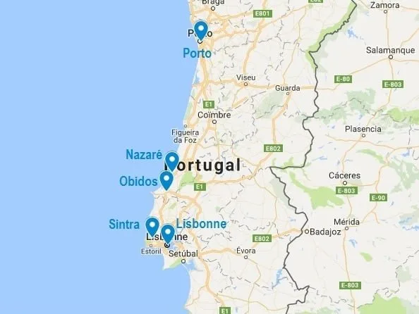 Carte des points de mon itinéraire de voyage au Portugal