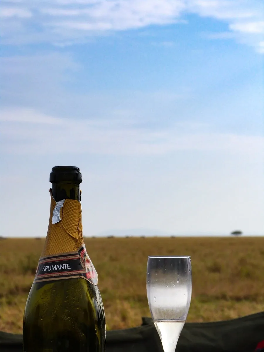 Petit déjeuner dans la savane avec une coupe de Champagne et une bouteille