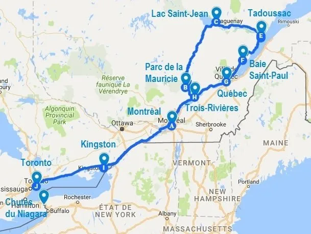 Itinéraire de mon road trip au Québec et Ontario