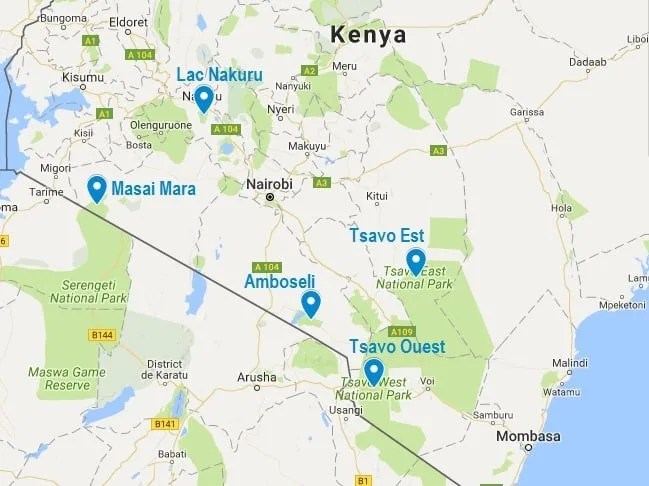 Carte des réserves au Kenya où j'ai pu voir les Big Five