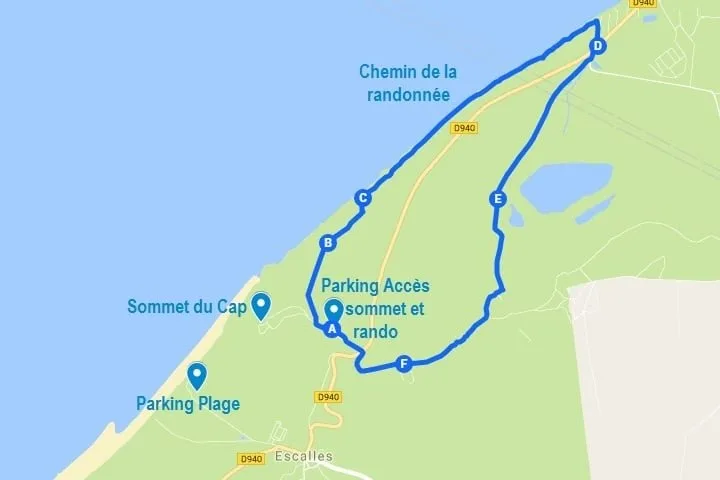 Carte du Cap Blanc Nez avec l'itinéraire de la randonnée