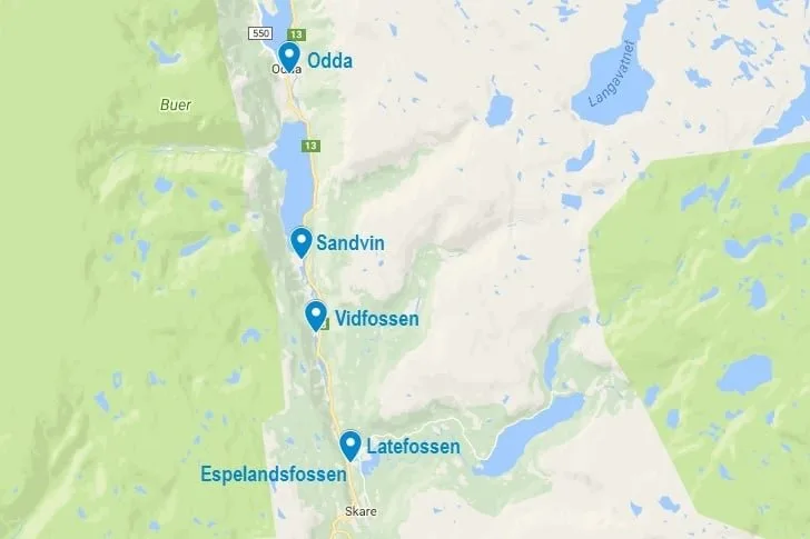 La carte de la cascade de Latefossen en Norvège