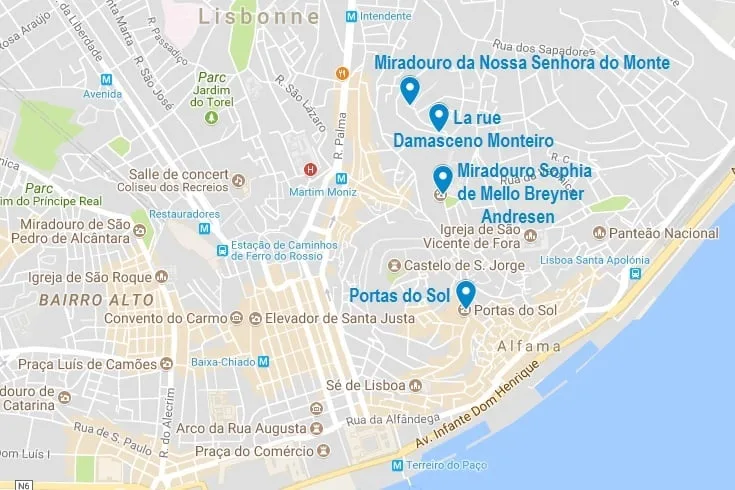 La carte de mes meilleurs panoramas de Lisbonne