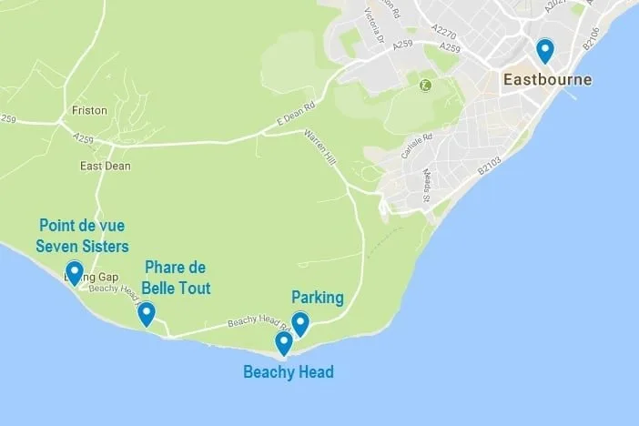 Le Beachy Head et les différents points d'intérêt mentionnés dans cet article