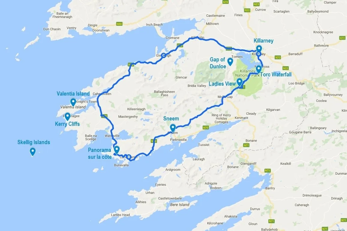 Carte du tracé du Ring of Kerry en Irlande avec les points d'intérêts