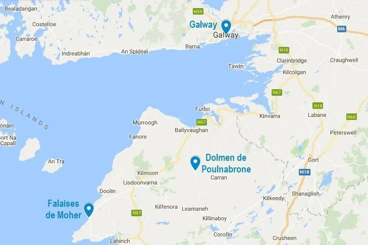 Carte des points d'intérêts autour du dolmen de Poulnabrone