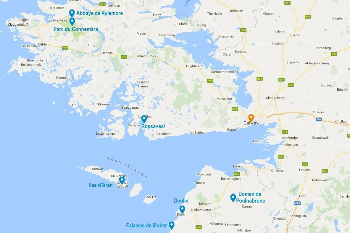 Carte de l'ouest de l'Irlande incluant Galway
