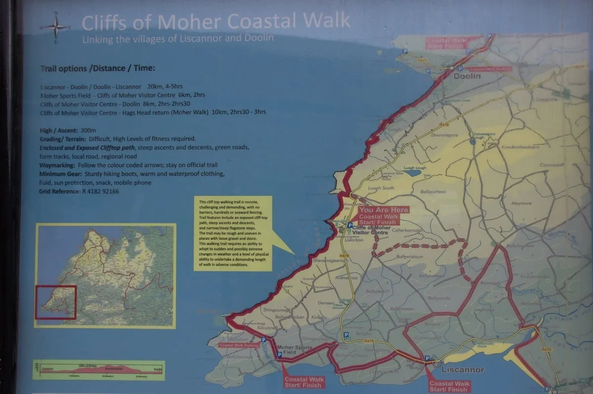 Carte des randonnées possibles aux falaises de Moher