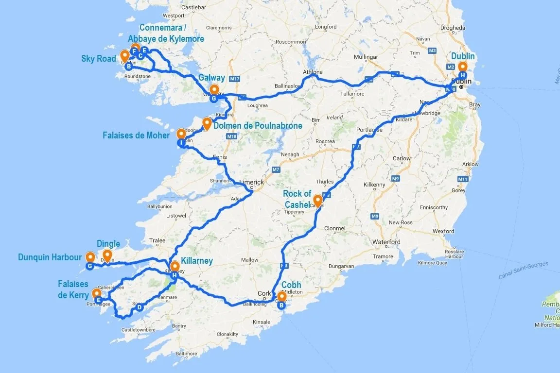 Itinéraire de ma semaine en Irlande, sur une carte