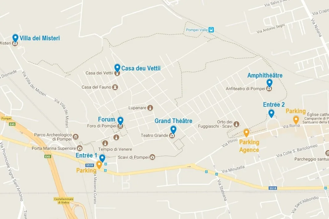 La carte de Pompei avec les points mentionnés dans cet article, et quelques parkings
