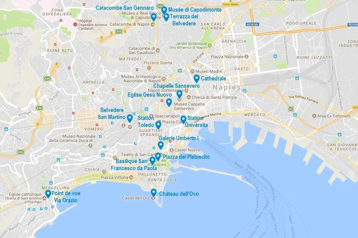 Carte de Naples avec quelques points d'intérêt