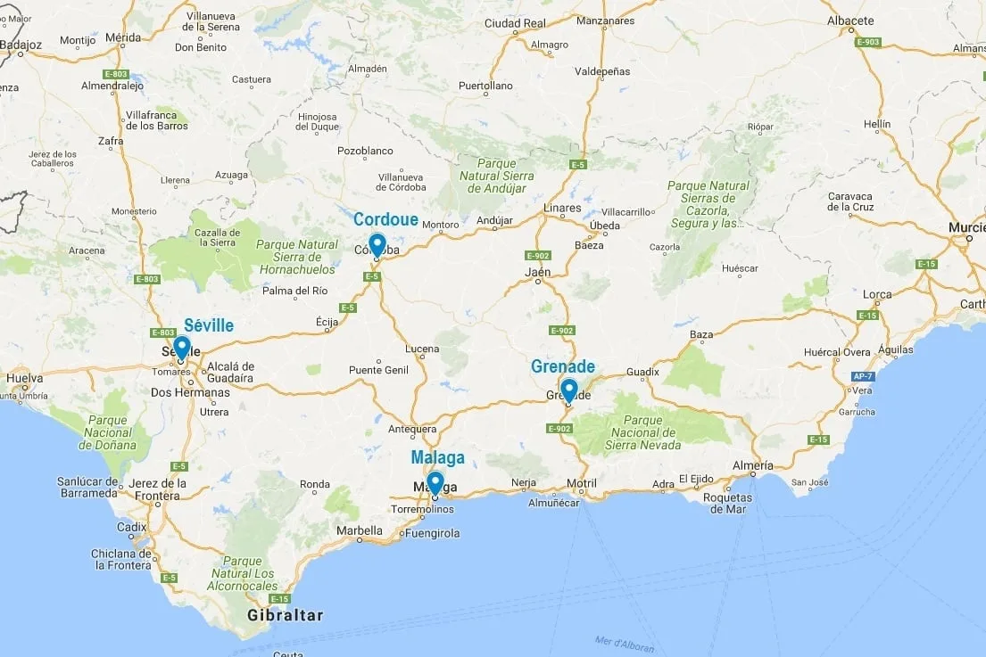 Carte des villes principales d'Andalousie