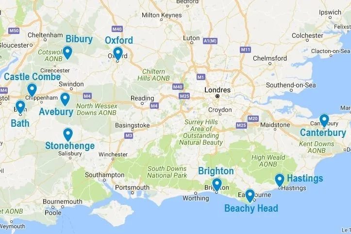 Carte des points d'intérêt évoqués dans ce carnet de voyage en Angleterre