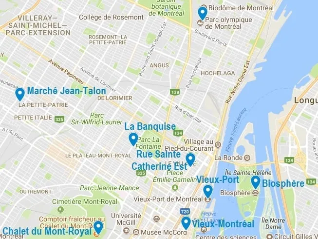 Carte des points d'intérêt dans Montreal