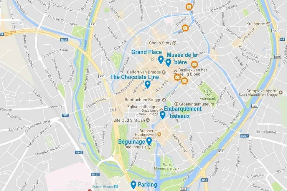 Carte avec les points d'intérêt pour visiter Bruges