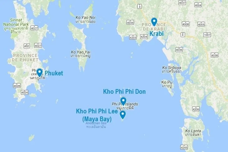 Carte de Koh Phi Phi dans la mer Andaman