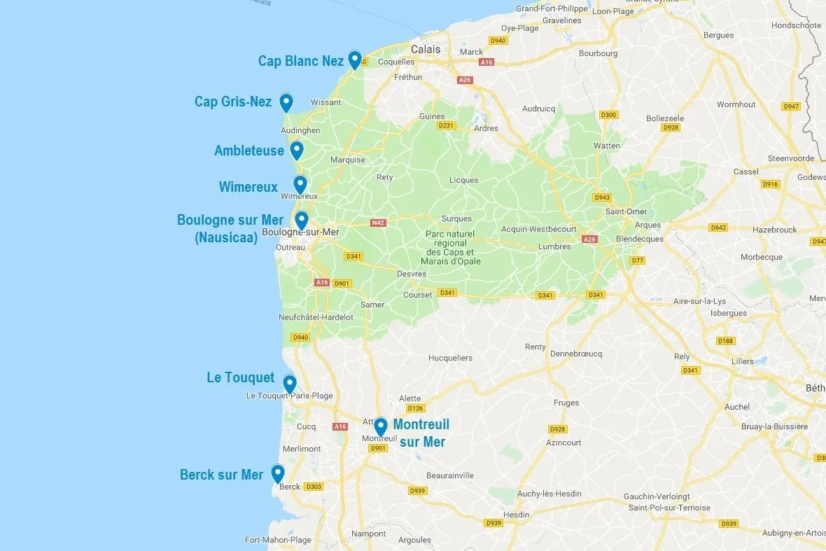 Carte de points d'intérêt pour visiter la Côte d'Opale