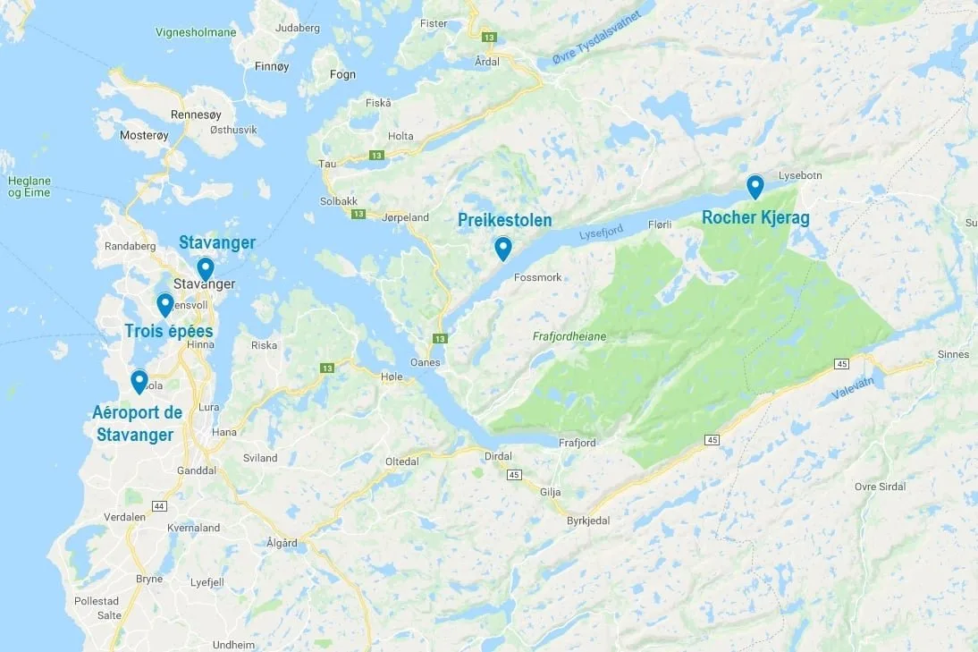 Carte des points d'intérêt dans la région de Stavanger
