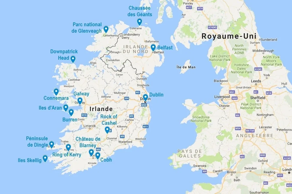Carte des points d'intérêt principaux lors d'un road trip en Irlande