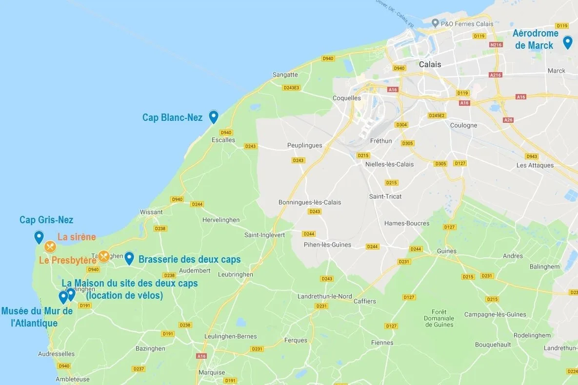Carte de points d'intérêt autour du site des deux caps