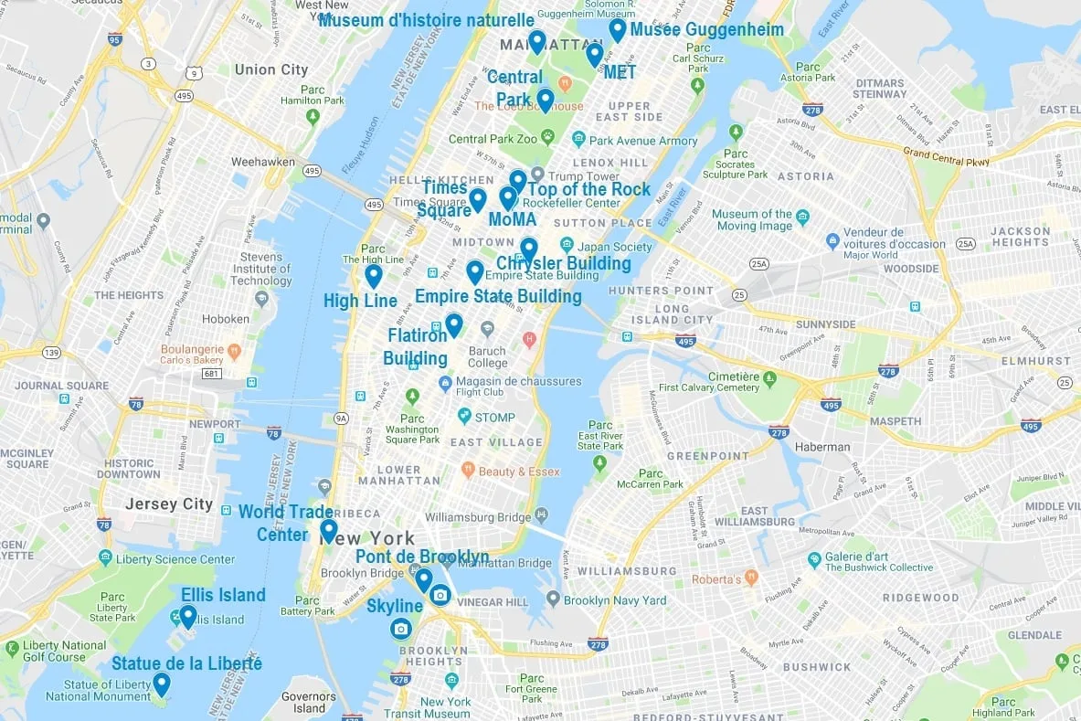 Carte de points d'intérêt de mes 5 jours à New York