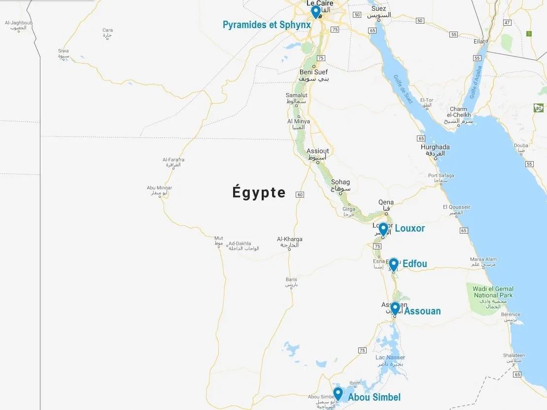 Carte de l'Egypte et des points principaux pour préparer une croisière sur le Nil