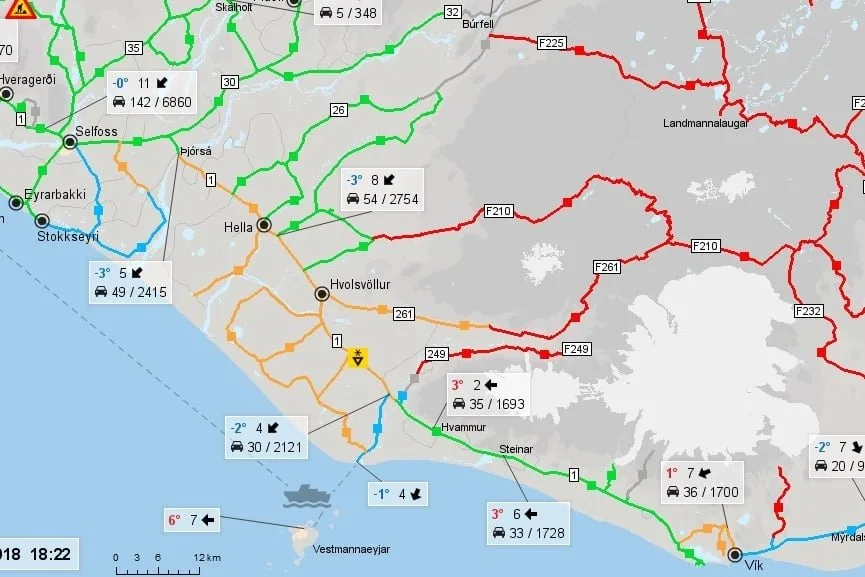 Exemple de carte indiquant l'état des routes en Islande