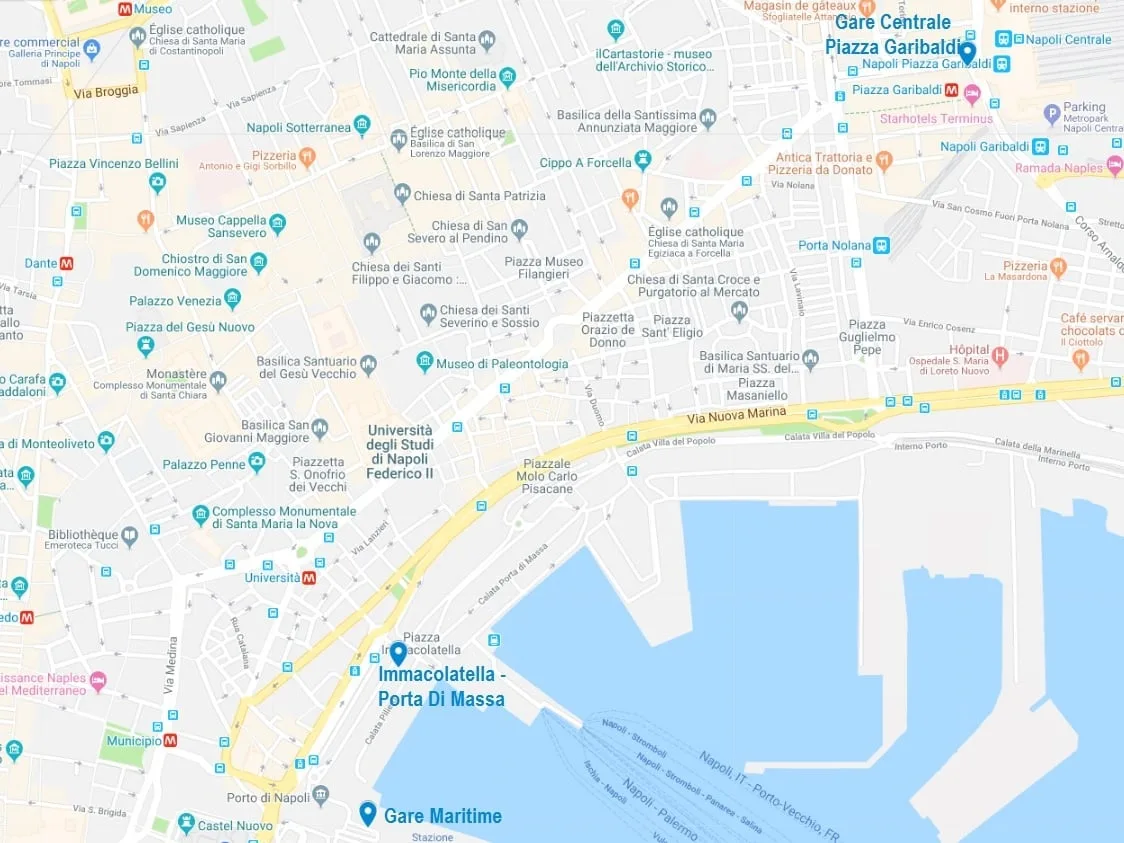 Carte des arrêts de la navette Alibus qui relie l'aéroport et le centre-ville de Naples