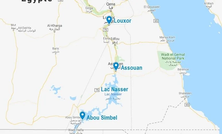 Situation des temples d'Abou Simbel en Egypte
