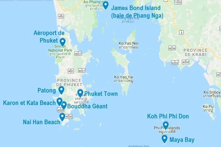 Carte de points d'intérêt à Phuket