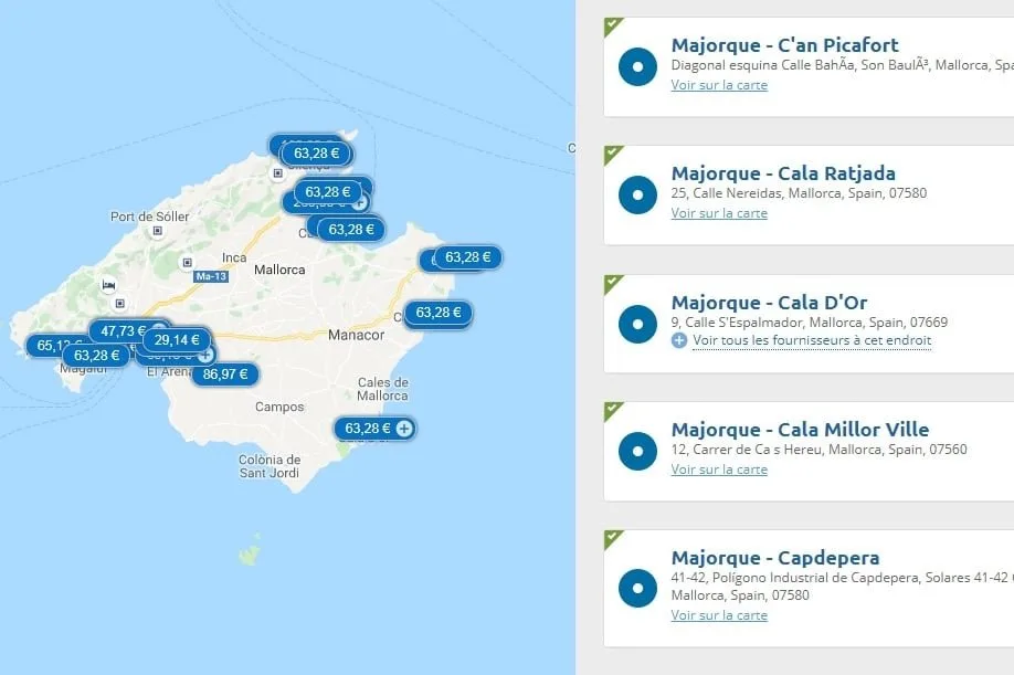 Carte de loueurs de voitures à Majorque