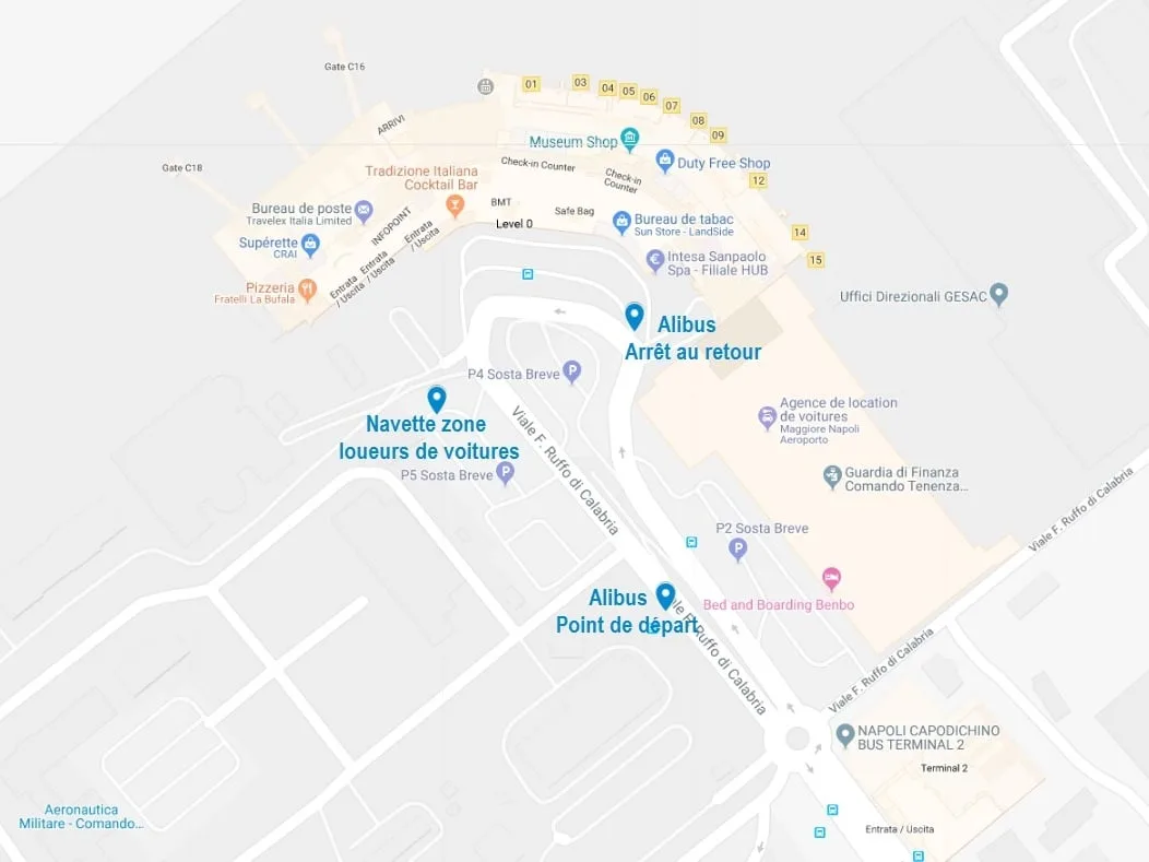 Carte des points à connaître pour les navettes à l'aéroport de Naples