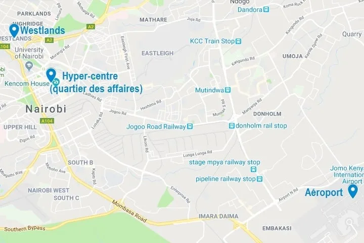 Carte des quartiers où dormir à Nairobi