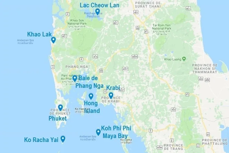 Carte des excursions en bateau depuis Phuket, Krabi et Khao Lak