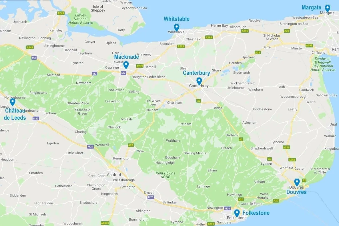 Carte des points d'intérêt dans le Kent