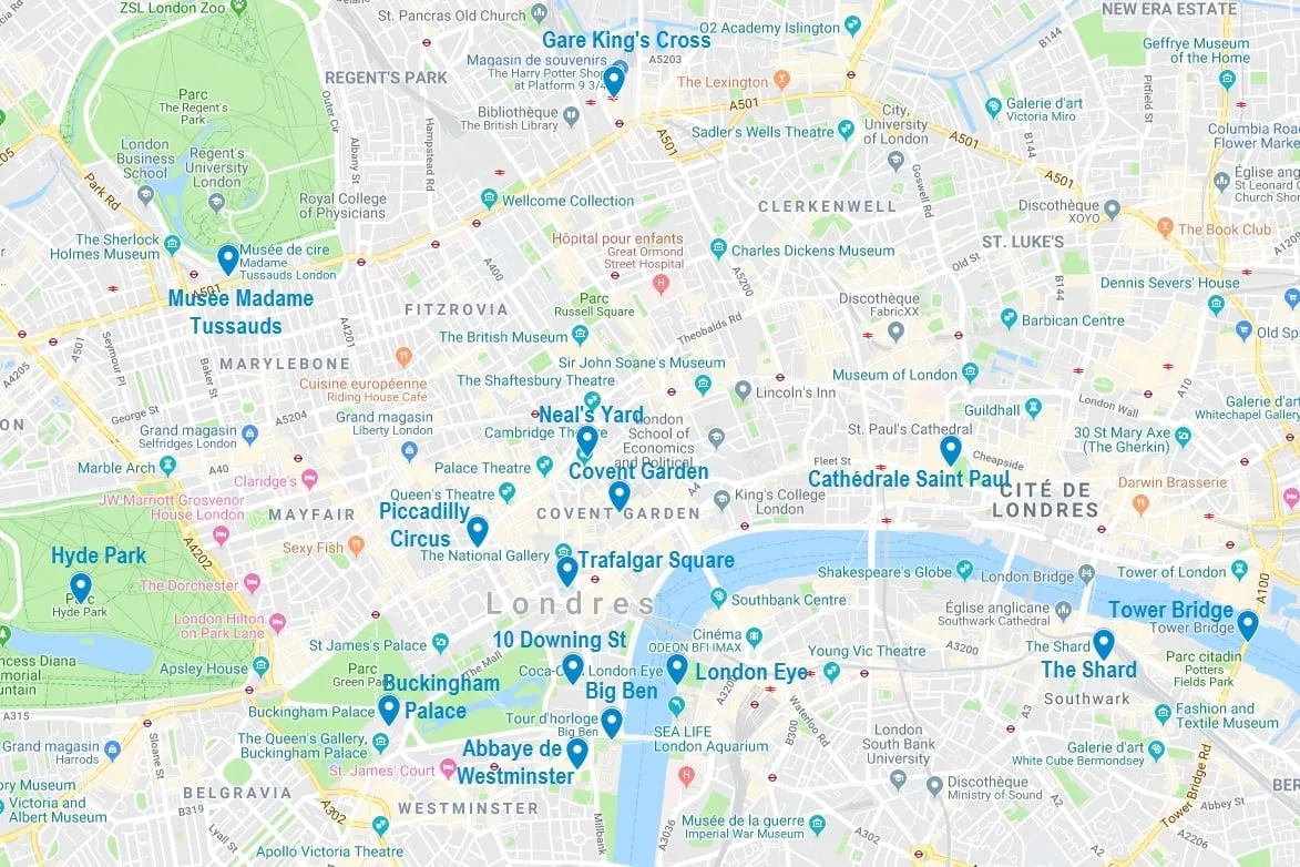Carte de points d'intérêt à Londres