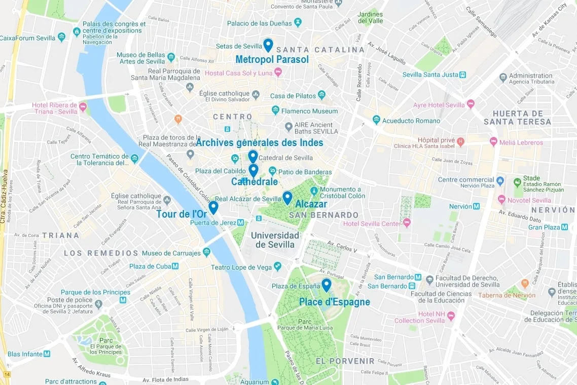 Carte de points d'intérêt pour visiter Séville en 1 jour