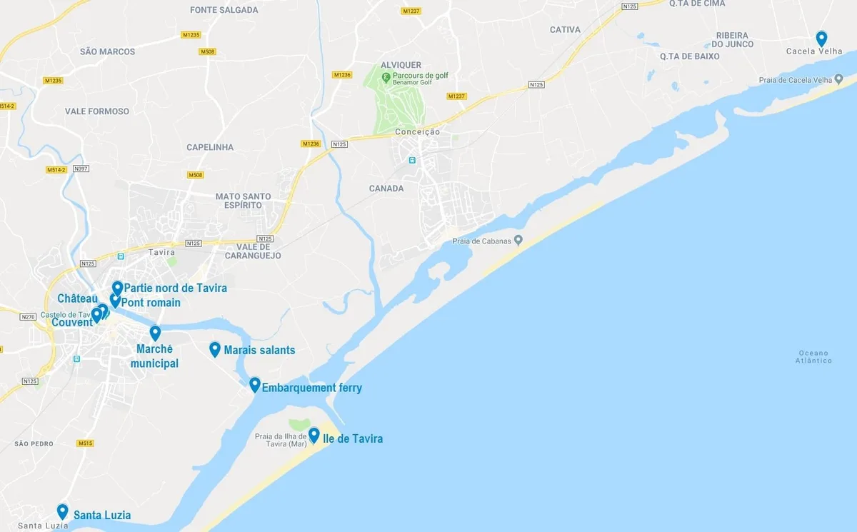 Carte de Tavira et ses points d'intérêts
